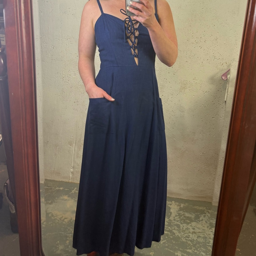 Lost + Wander Navy Blue Sleeveless Linen Midi Dress New With Tags Size Medium - Picture 13 of 15